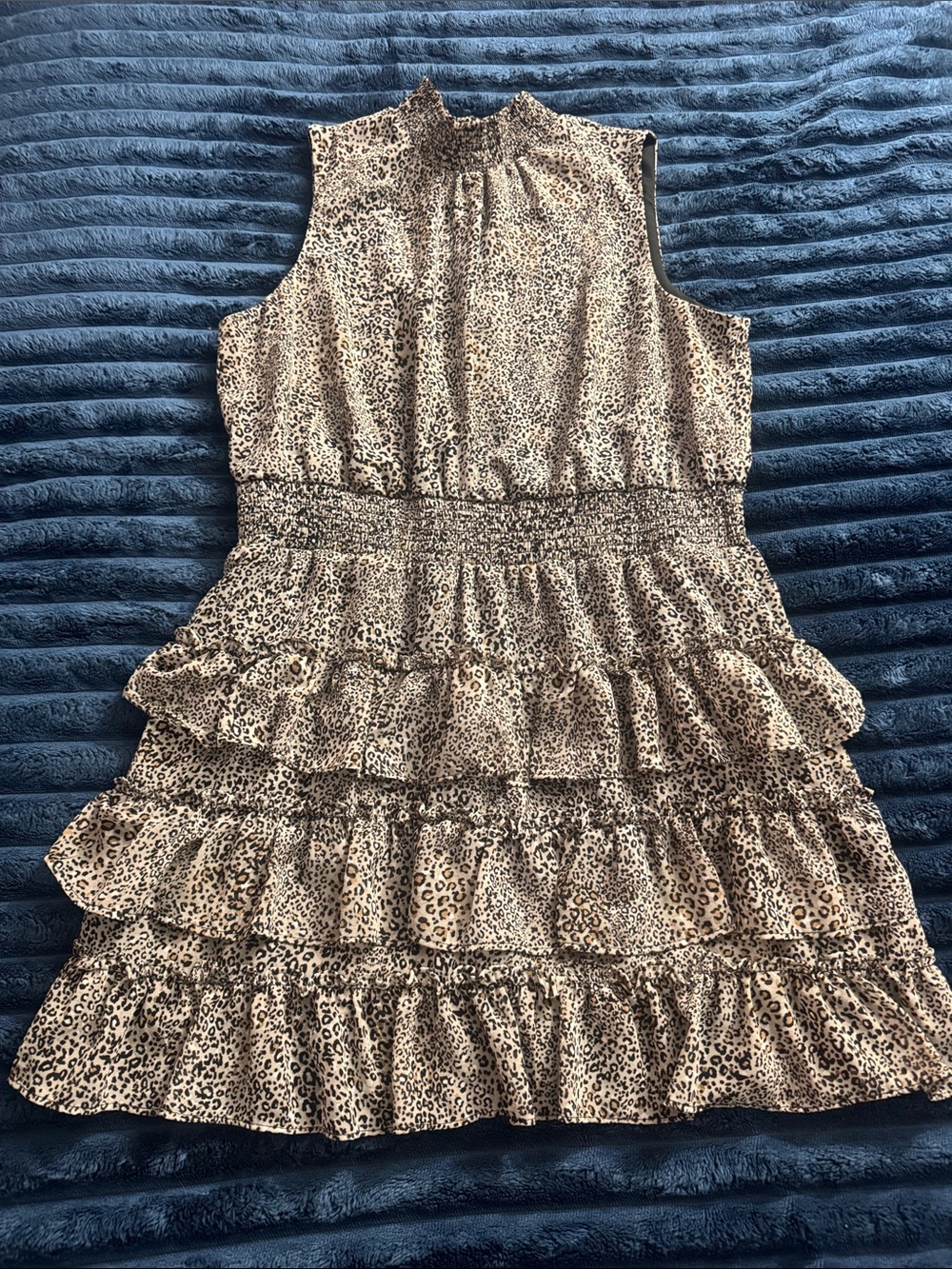 1.State Smocked Tiered Ruffled Leopard Print Women’s Mini Dress, Size Medium